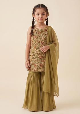 Girls Sage Green Embroidered Crepe Sharara Set