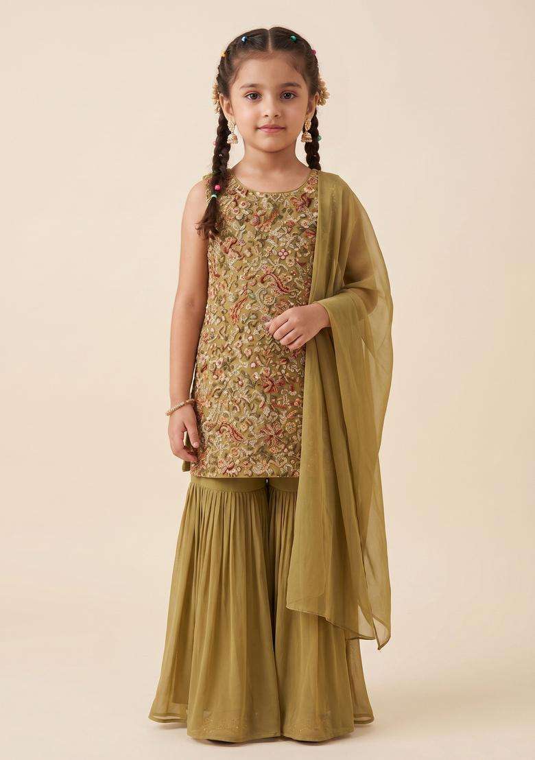Girls Sage Green Embroidered Crepe Sharara Set - Indya