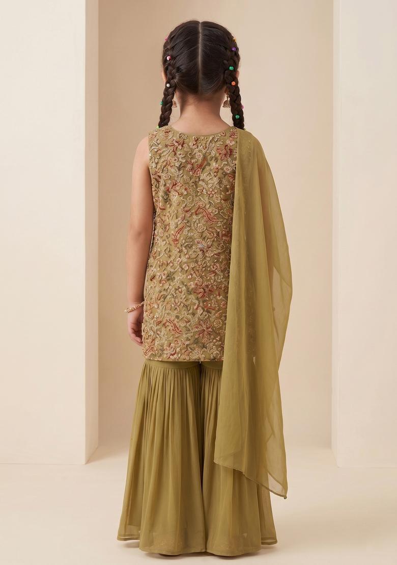 Girls Sage Green Embroidered Crepe Sharara Set - Indya