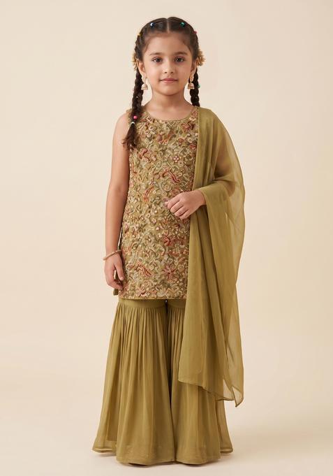 Girls Sage Green Embroidered Crepe Sharara Set