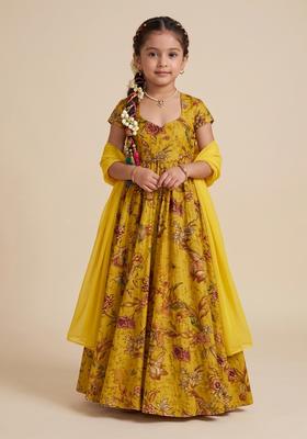 Girls Mustard Yellow Floral Print Tissue Anarkali With Dupatta