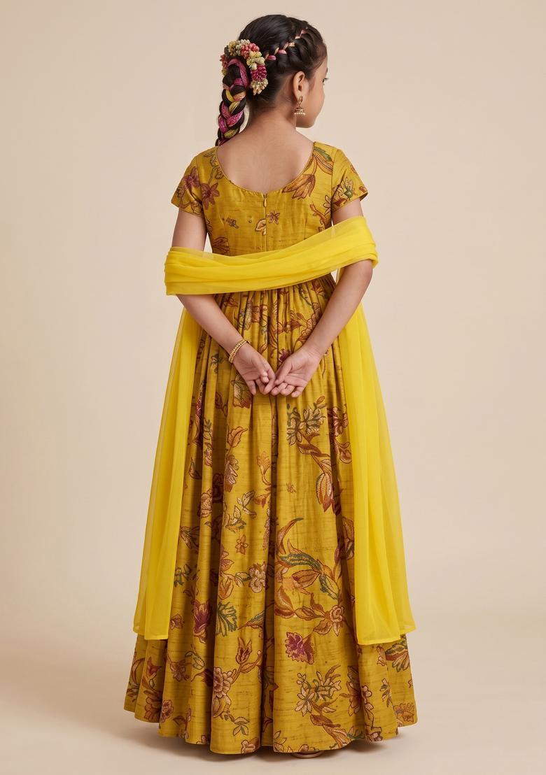 Girls Mustard Yellow Floral Print Tissue Anarkali With Dupatta - Indya