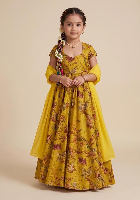 Girls Mustard Yellow Floral Print Tissue Anarkali With Dupatta