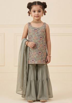 Girls Grey Floral Print Crepe Sharara Set