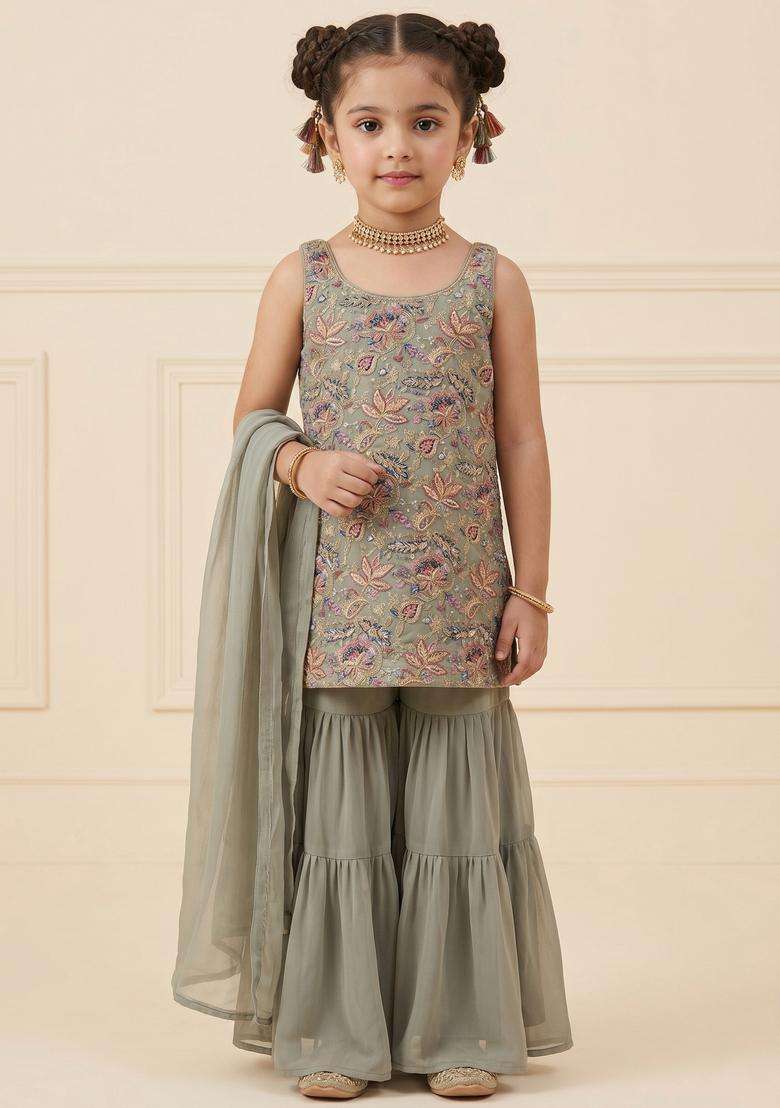 Girls Grey Floral Print Crepe Sharara Set - Indya