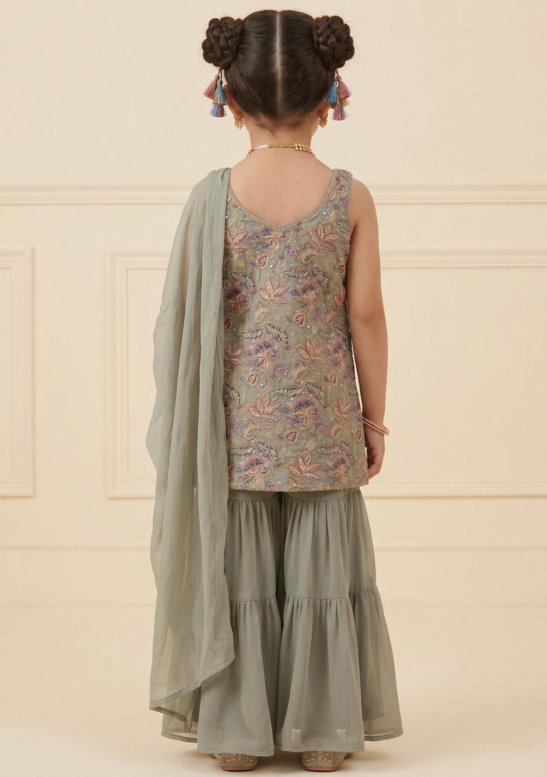 Girls Grey Floral Print Crepe Sharara Set - Indya