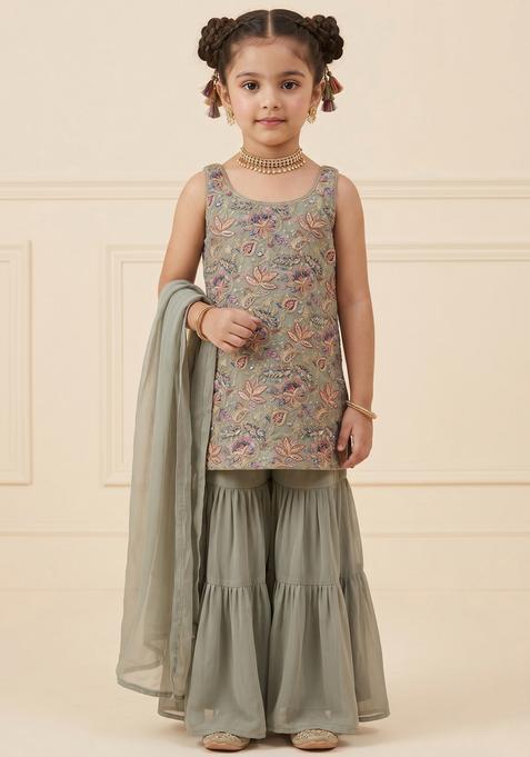 Girls Grey Floral Print Crepe Sharara Set