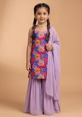 Girls Lavender Floral Print Crepe Sharara Set