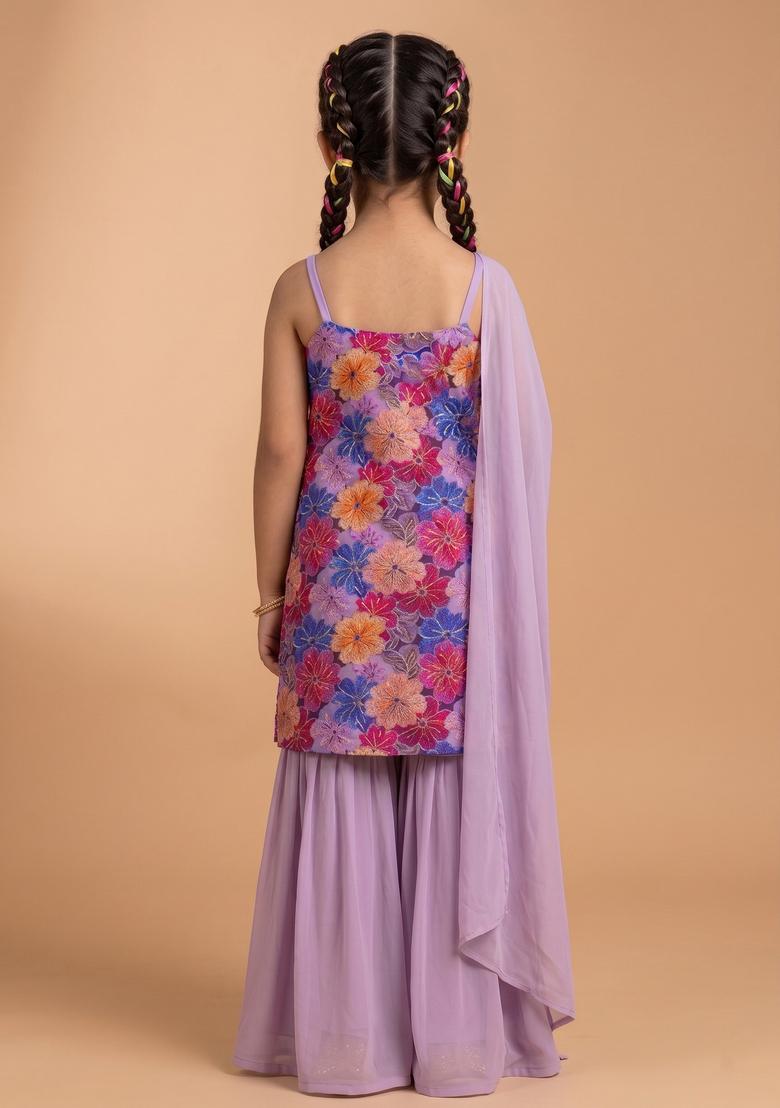 Girls Lavender Floral Print Crepe Sharara Set - Indya