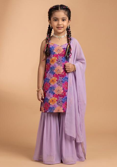 Girls Lavender Floral Print Crepe Sharara Set