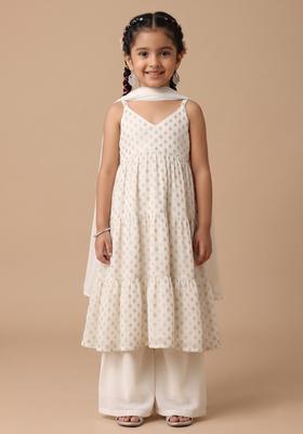 Girls Off White Embellished Georgette A Line Kurta Set