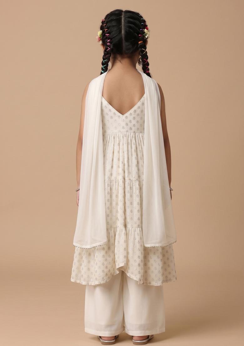 Girls Off White Embellished Georgette A Line Kurta Set - Indya