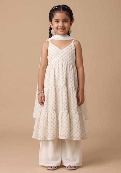 Girls Off White Embellished Georgette A Line Kurta Set