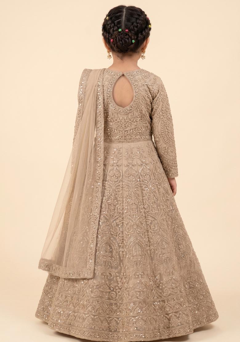 Girls Peach Embroidered Net Anarkali With Dupatta - Indya