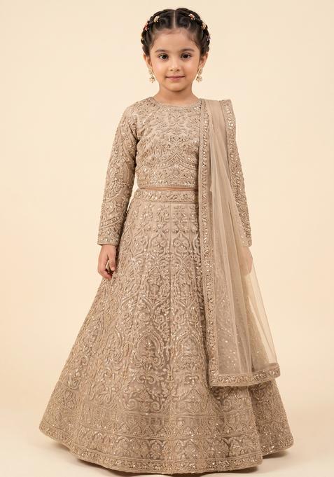 Girls Peach Embroidered Net Anarkali With Dupatta