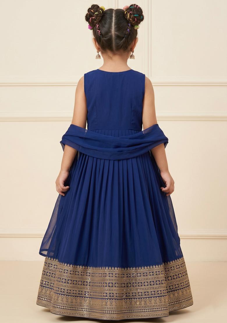 Girls Navy Blue Embroidered Georgette Anarkali With Dupatta - Indya