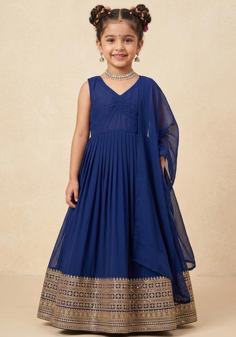 Girls Navy Blue Embroidered Georgette Anarkali With Dupatta