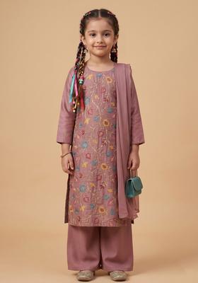Girls Muave Embroidered Tissue Straight Kurta Set