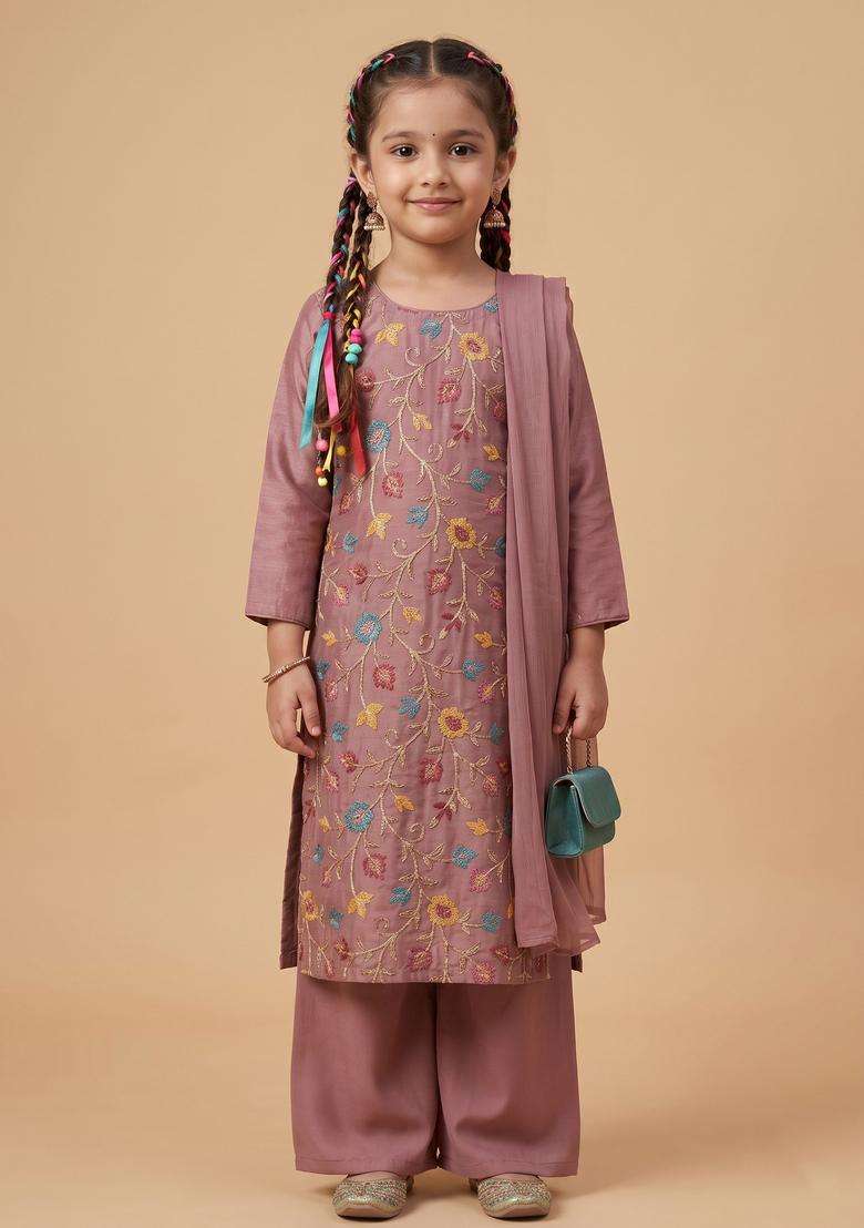 Girls Muave Embroidered Tissue Straight Kurta Set - Indya