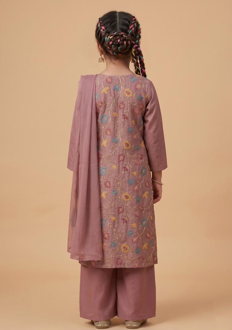 Girls Muave Embroidered Tissue Straight Kurta Set - Indya