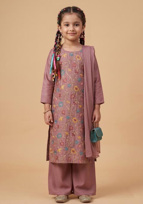 Girls Muave Embroidered Tissue Straight Kurta Set
