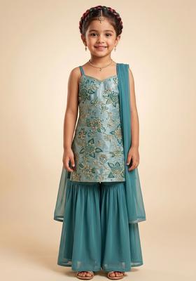 Girls Teal Blue Embroidered Crepe Sharara Set
