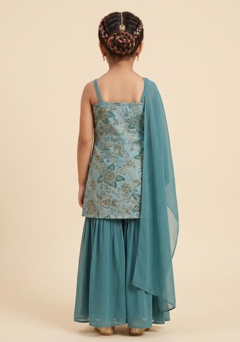Girls Teal Blue Embroidered Crepe Sharara Set - Indya