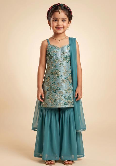 Girls Teal Blue Embroidered Crepe Sharara Set