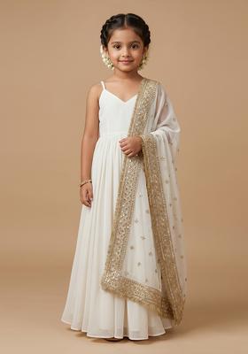 Girls Ivory Embroidered Georgette Anarkali With Dupatta