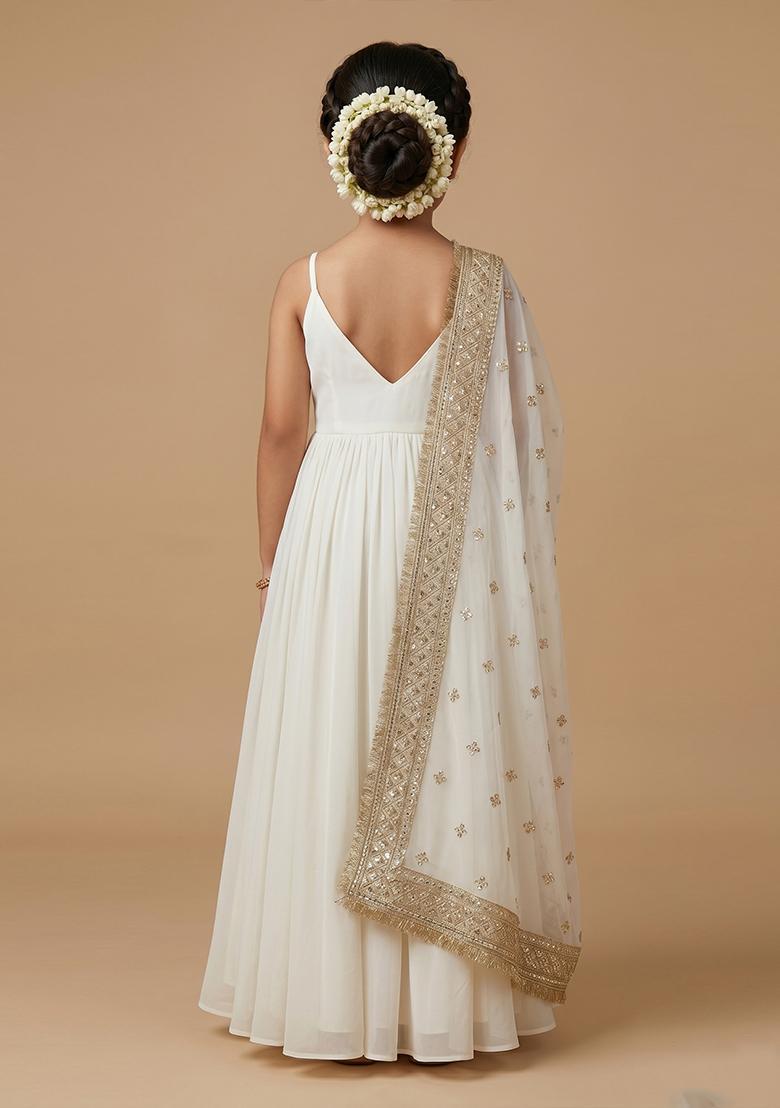 Girls Ivory Embroidered Georgette Anarkali With Dupatta - Indya