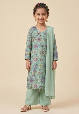 Girls Sage Green Printed Crepe Straight Kurta Set