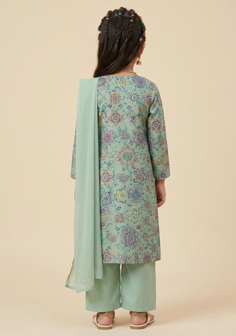 Girls Sage Green Printed Crepe Straight Kurta Set - Indya