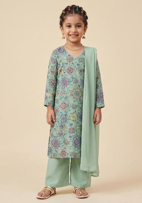 Girls Sage Green Printed Crepe Straight Kurta Set