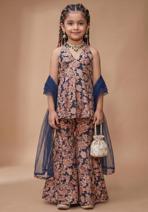 Girls Purple Floral Print Silk Sharara Set