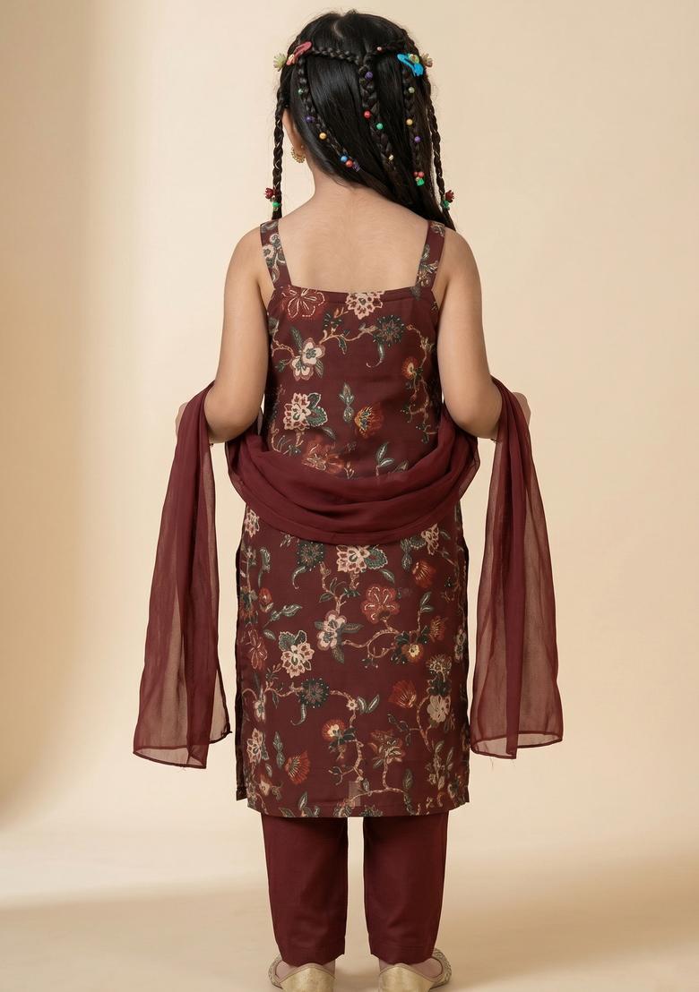 Girls Maroon Floral Print Silk Straight Kurta Set - Indya