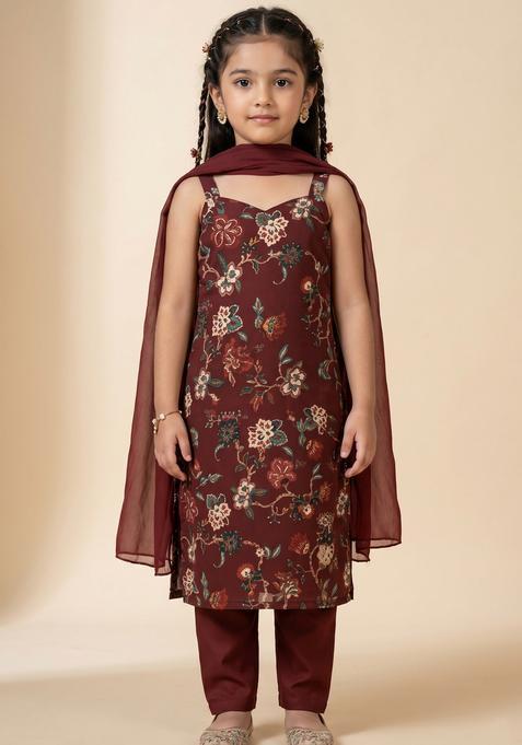 Girls Maroon Floral Print Silk Straight Kurta Set