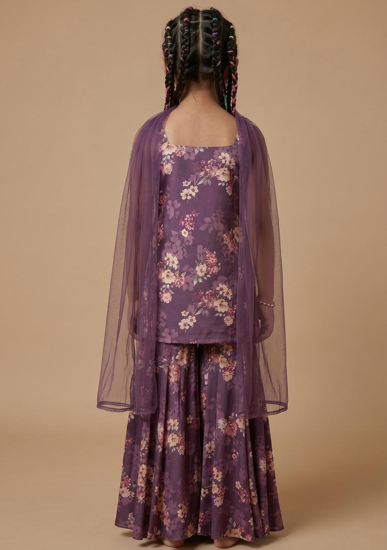 Girls Purple Floral Print Satin Sharara Set - Indya
