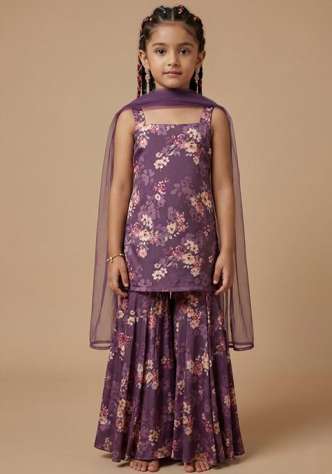 Girls Purple Floral Print Satin Sharara Set