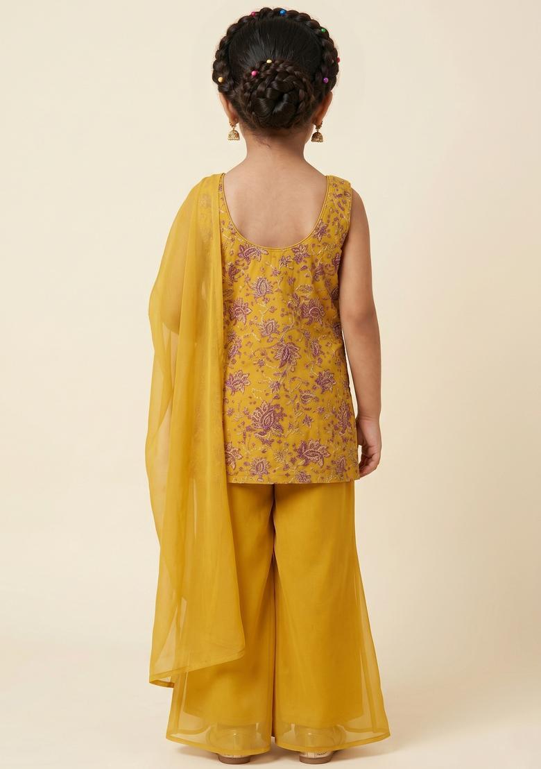 Girls Mustard Floral Print Organza Sharara Set - Indya