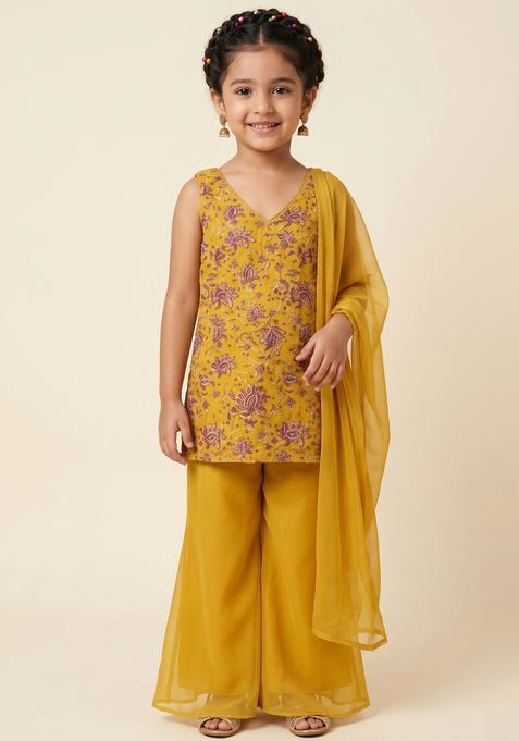 Girls Mustard Floral Print Organza Sharara Set