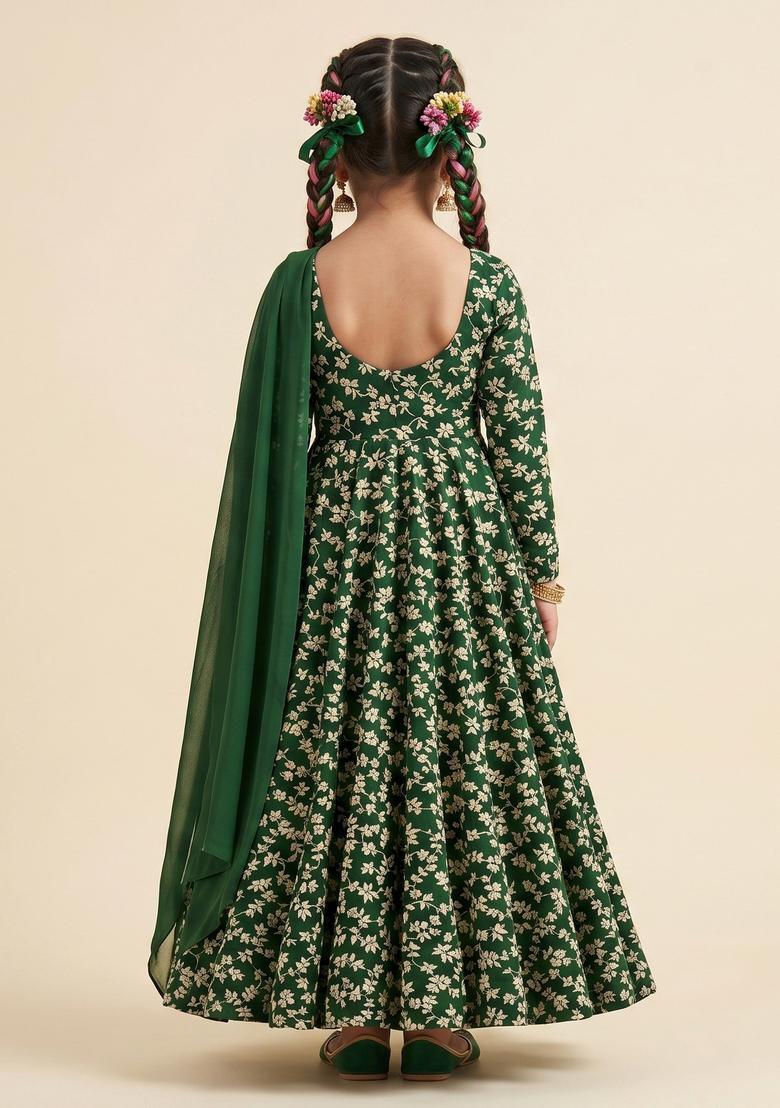 Girls Dark Green Embroidered Crepe Anarkali With Dupatta - Indya