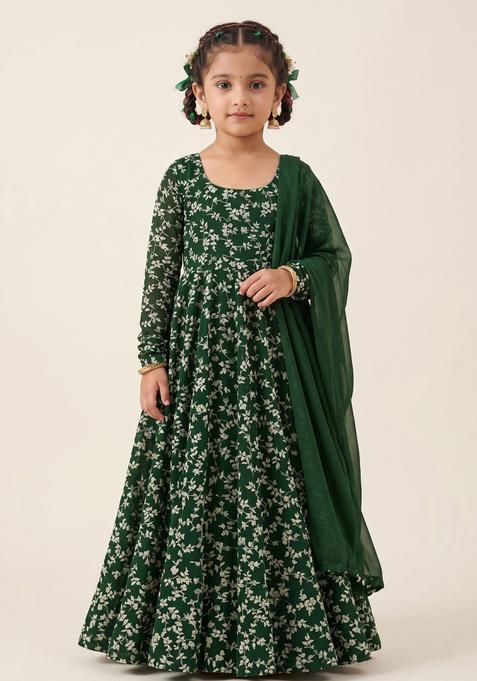 Girls Dark Green Embroidered Crepe Anarkali With Dupatta
