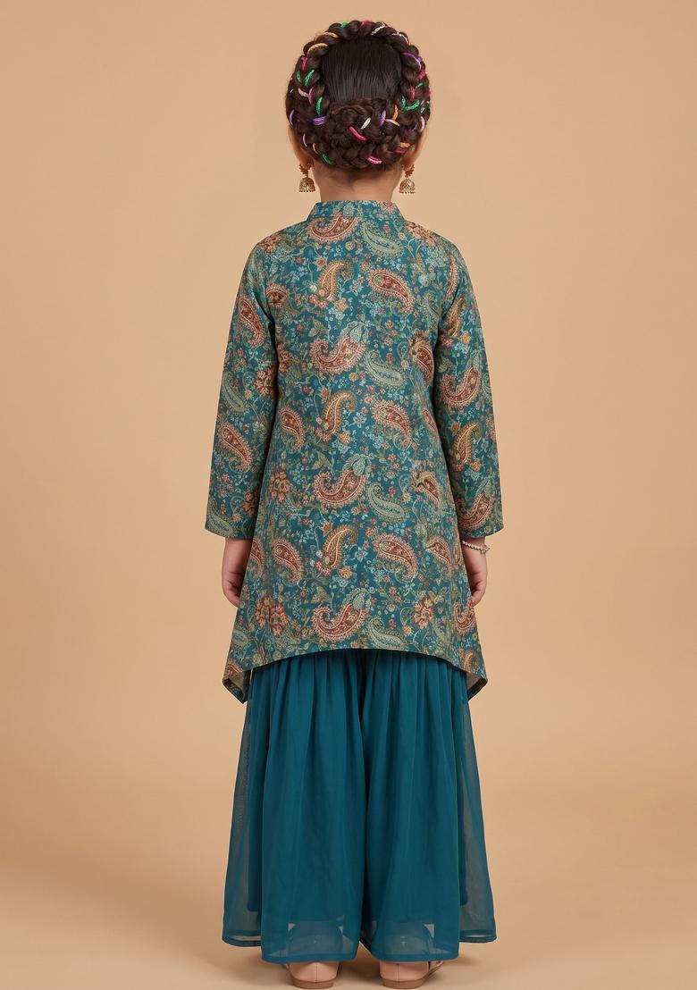 Girls Teal Blue Embroidered Crepe Sharara Set - Indya