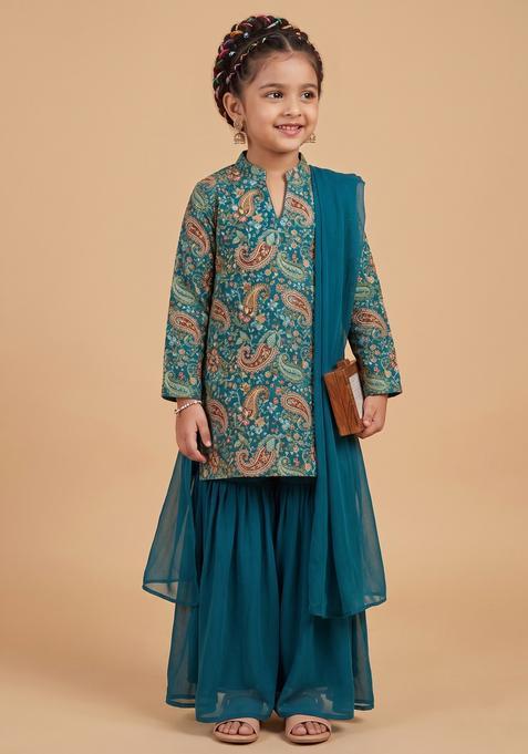 Girls Teal Blue Embroidered Crepe Sharara Set