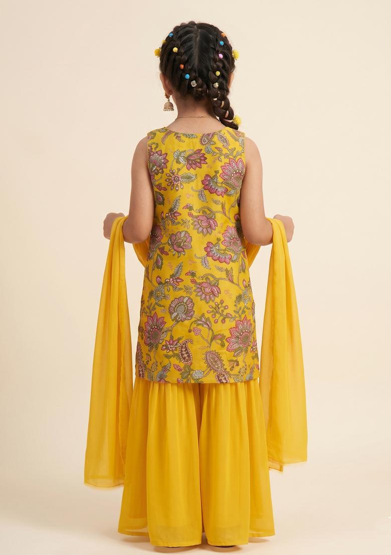 Girls Mustard Embroidery Crepe Sharara Set - Indya