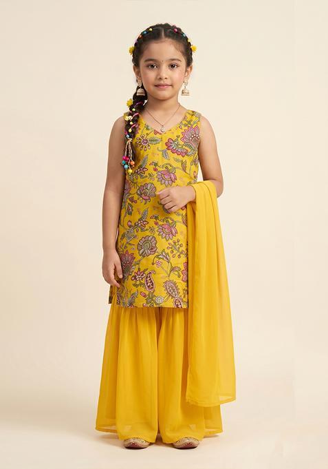 Girls Mustard Embroidery Crepe Gharara set