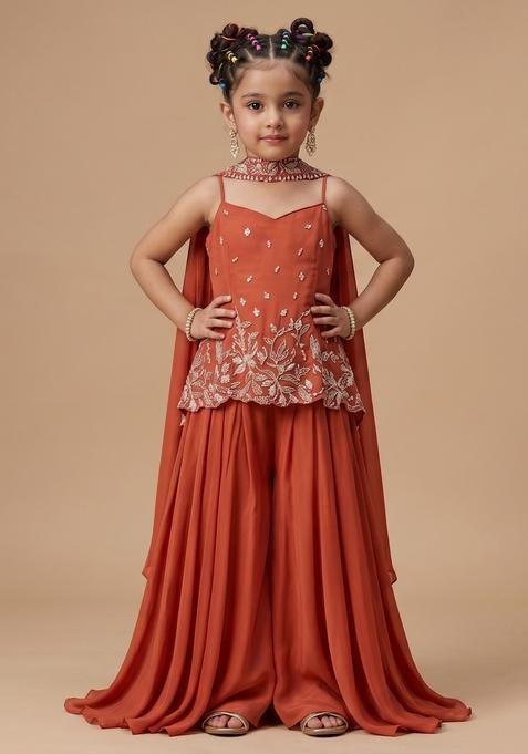 Girls Vermilion Brown Georgette Handwork Sharara Set
