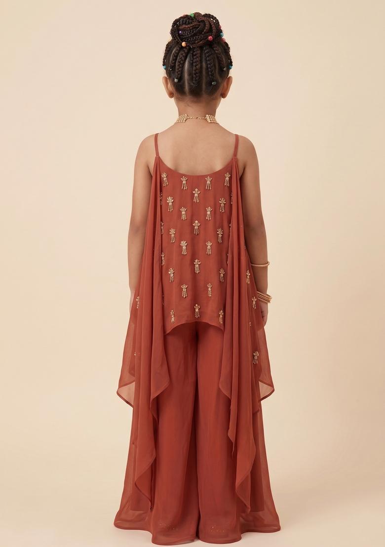 Girls Brown Chinon Handwork Fusion Set - Indya