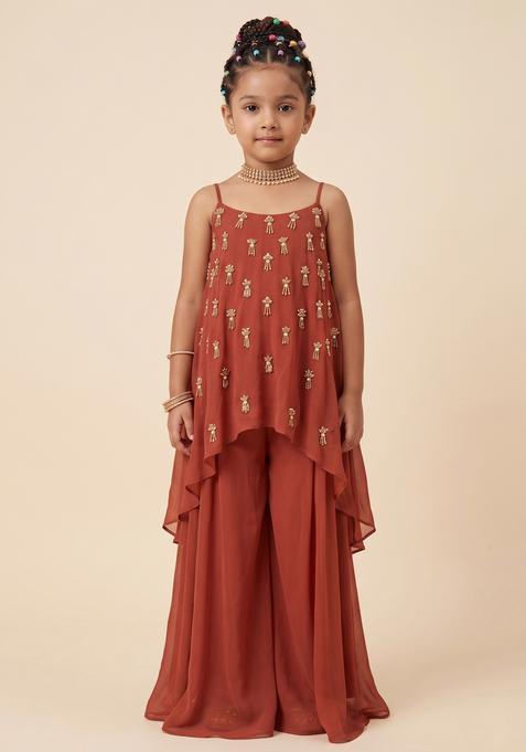 Girls Brown Chinon Handwork Fusion Set