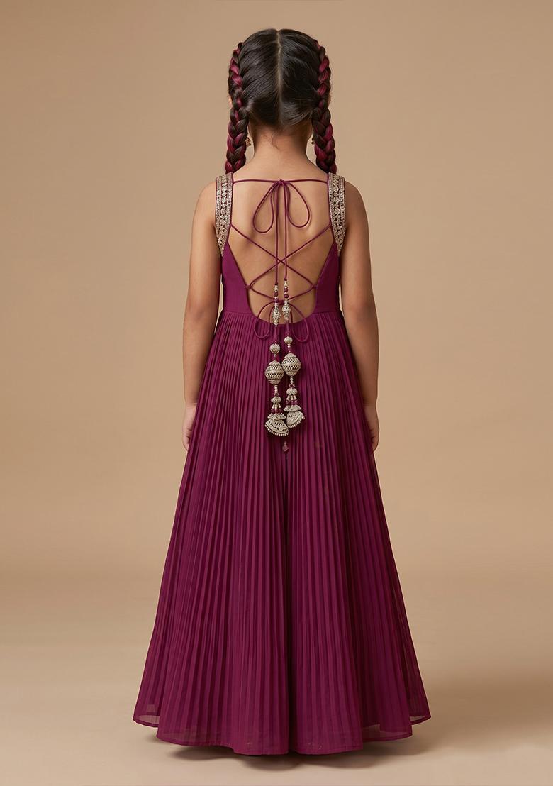 Girls Purple Handwork Goergette Anarkali With Dupatta - Indya